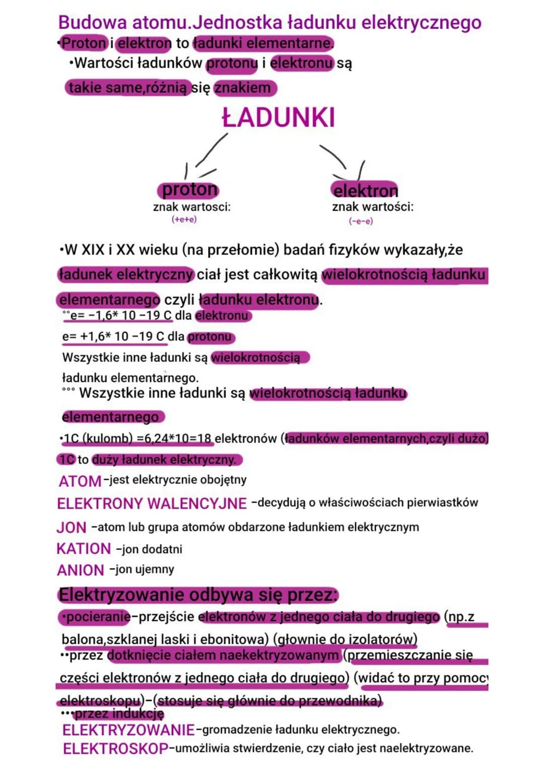 # Budowa atomu. Jednostka ładunku elektrycznego
* Proton i elektron to ładunki elementarne
* Wartości ładunków protonu i elektronu są