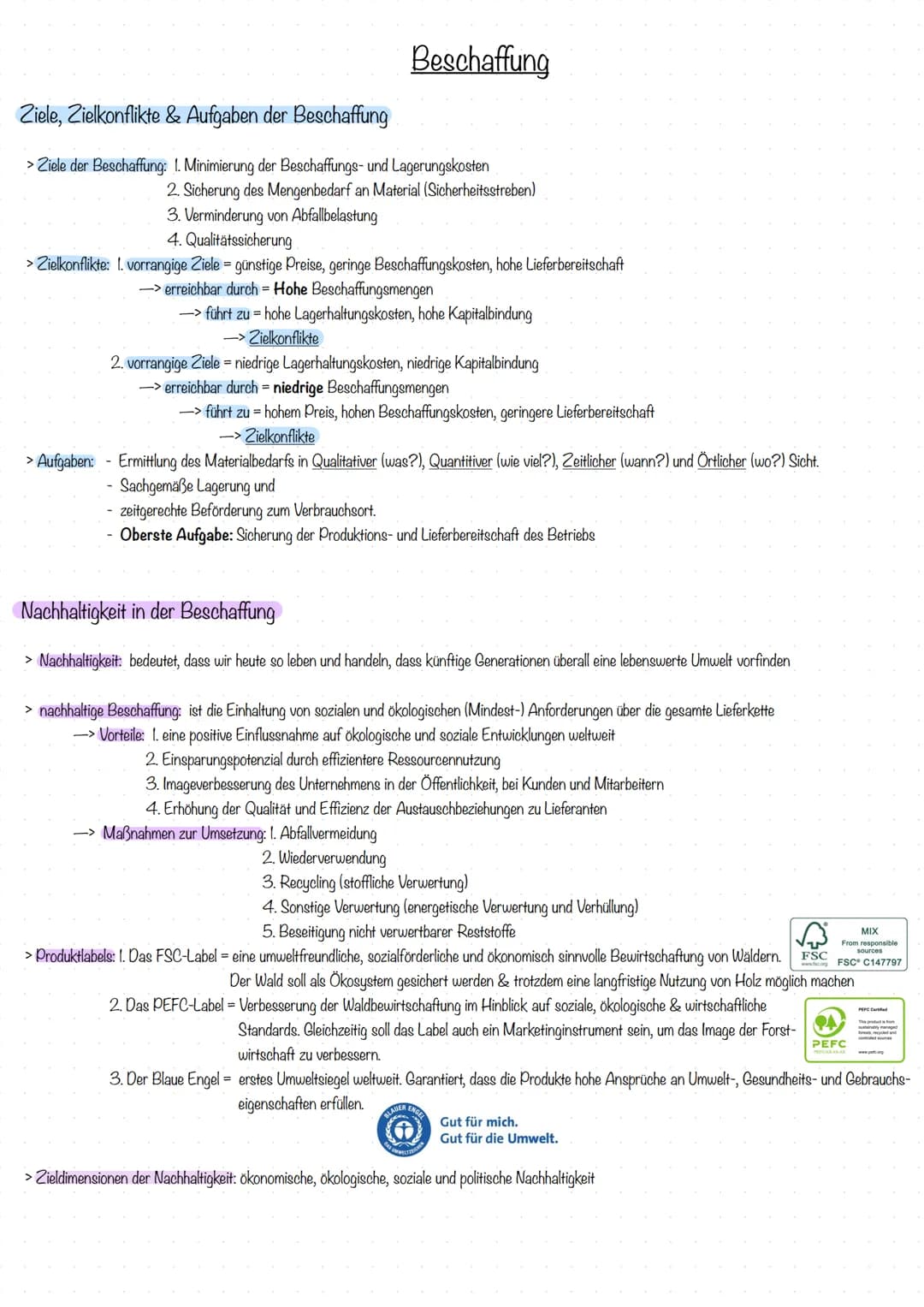 # Beschaffung
Ziele, Zielkonflikte & Aufgaben der Beschaffung
> Ziele der Beschaffung: 1. Minimierung der Beschaffungs- und Lagerungskoste