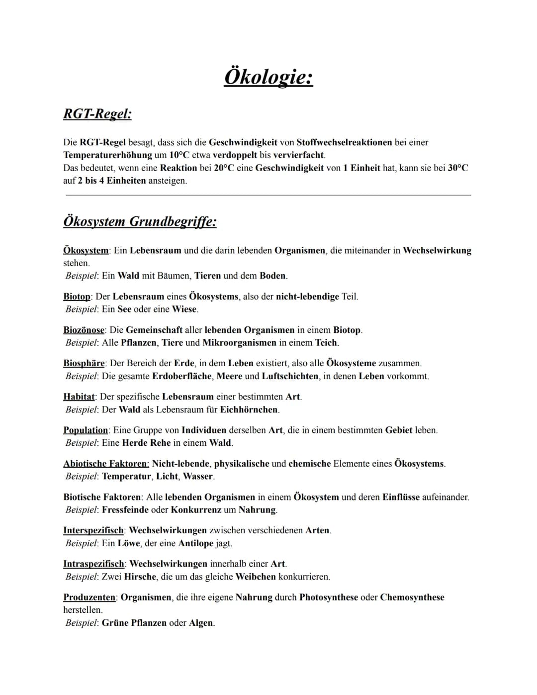 # Ökologie:
## RGT-Regel:
Die RGT-Regel besagt, dass sich die Geschwindigkeit von Stoffwechselreaktionen bei einer
Temperaturerhöhung um 1