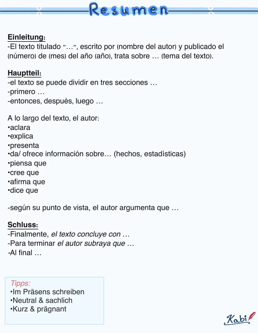 -Resumen-
Einleitung:
-El texto titulado "...", escrito por (nombre del autor) y publicado el
(número) de (mes) del año (año), trata sobre