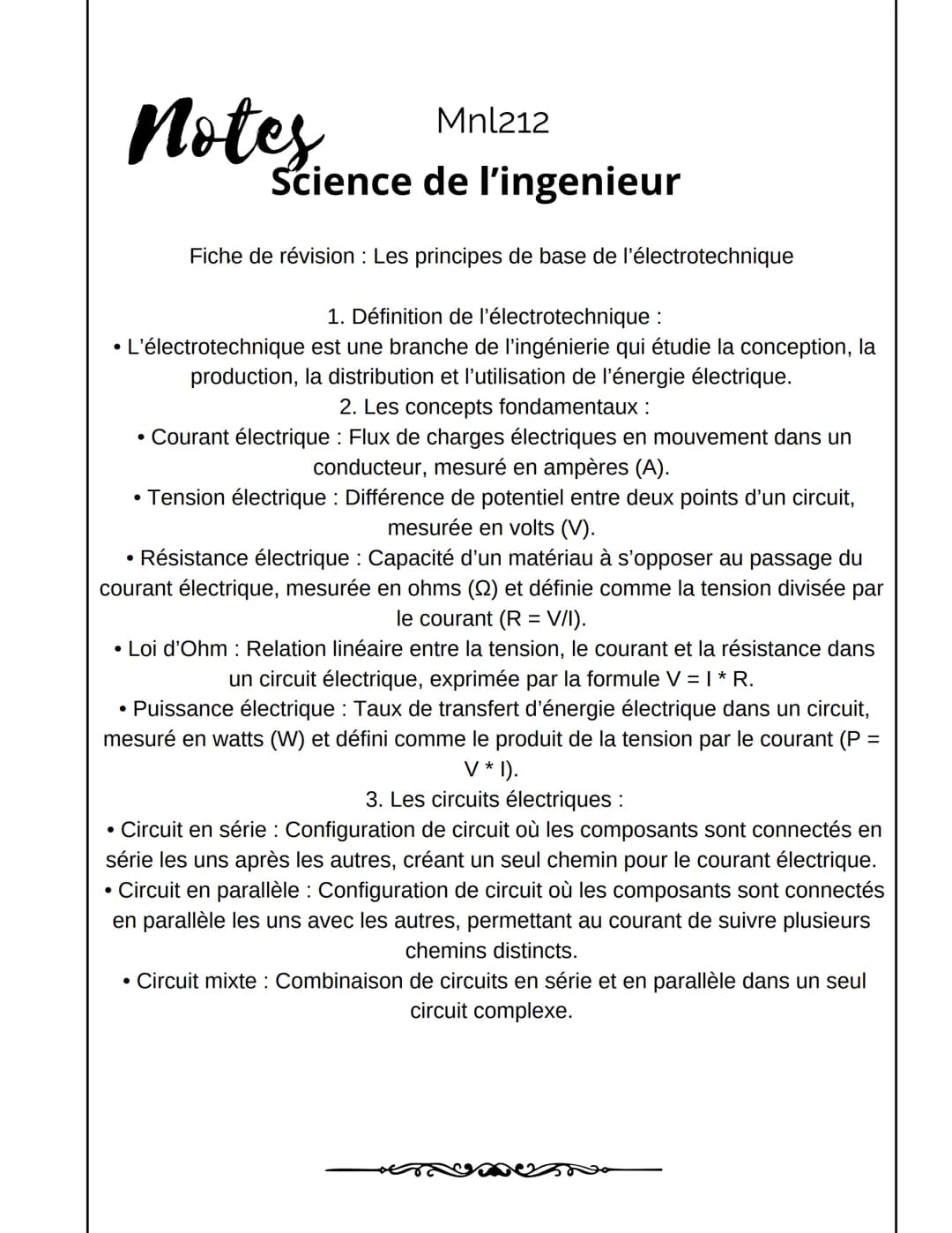 # Notes
Mnl212
Science de l'ingenieur
Fiche de révision: Les principes de base de l'électrotechnique
1. Définition de l'électrotechnique