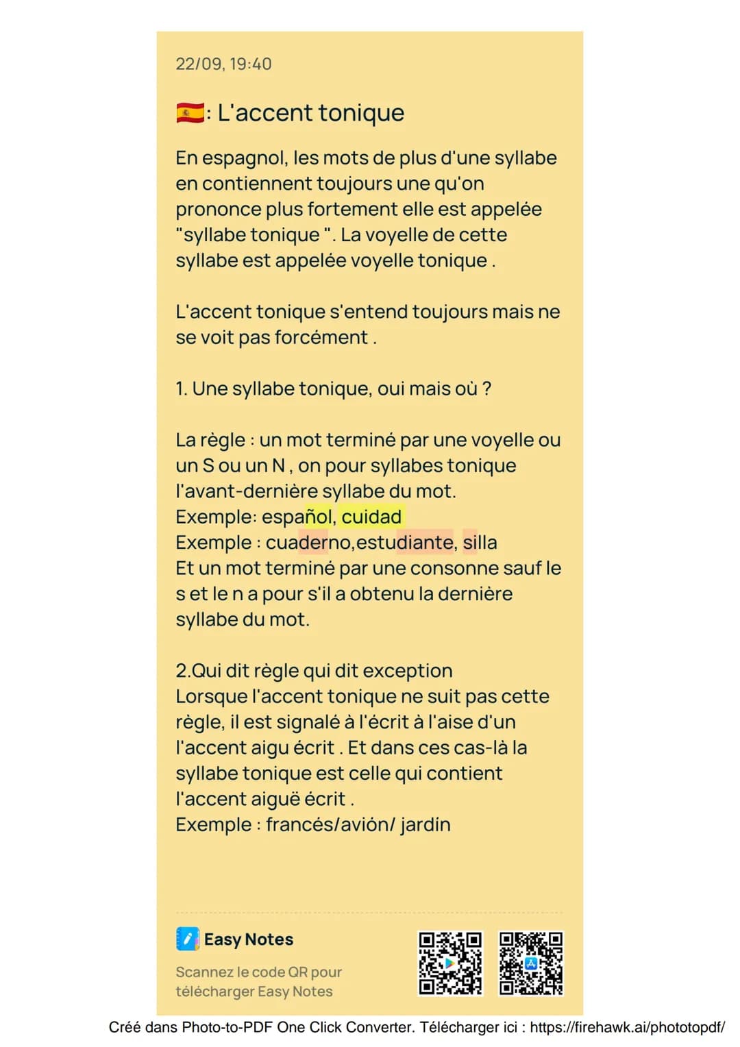 22/09, 19:40
L'accent tonique
En espagnol, les mots de plus d'une syllabe
en contiennent toujours une qu'on
prononce plus fortement elle e
