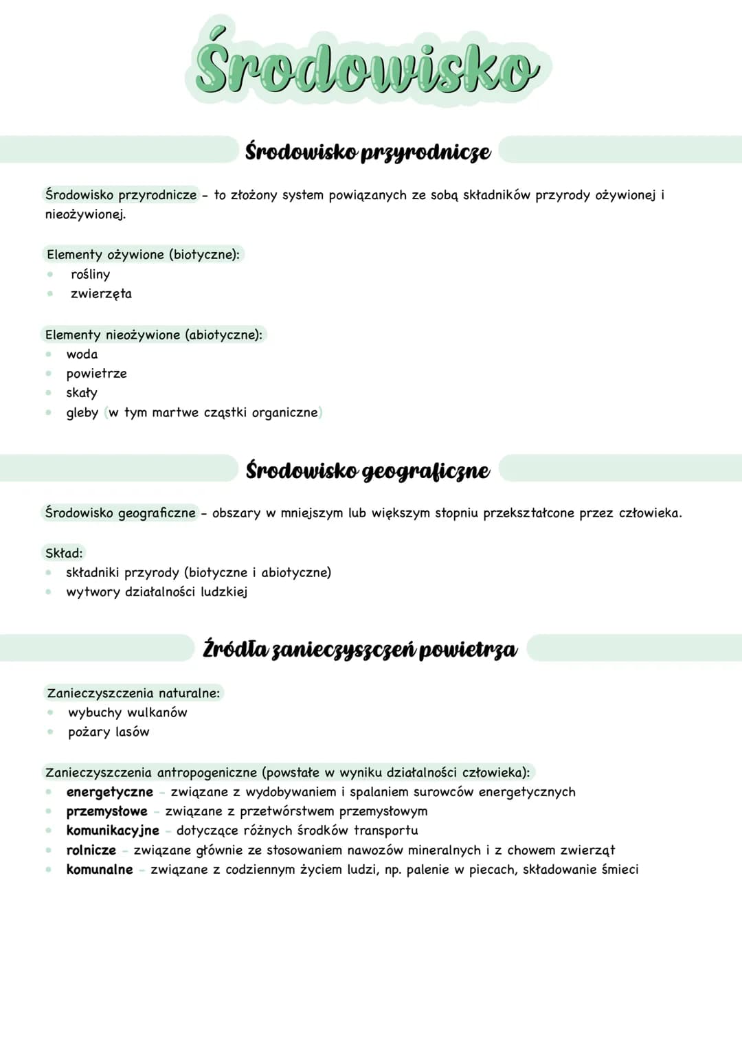 # Środowisko
## Środowisko przyrodnicze
Środowisko przyrodnicze to złożony system powiązanych ze sobą składników przyrody ożywionej i
nieo