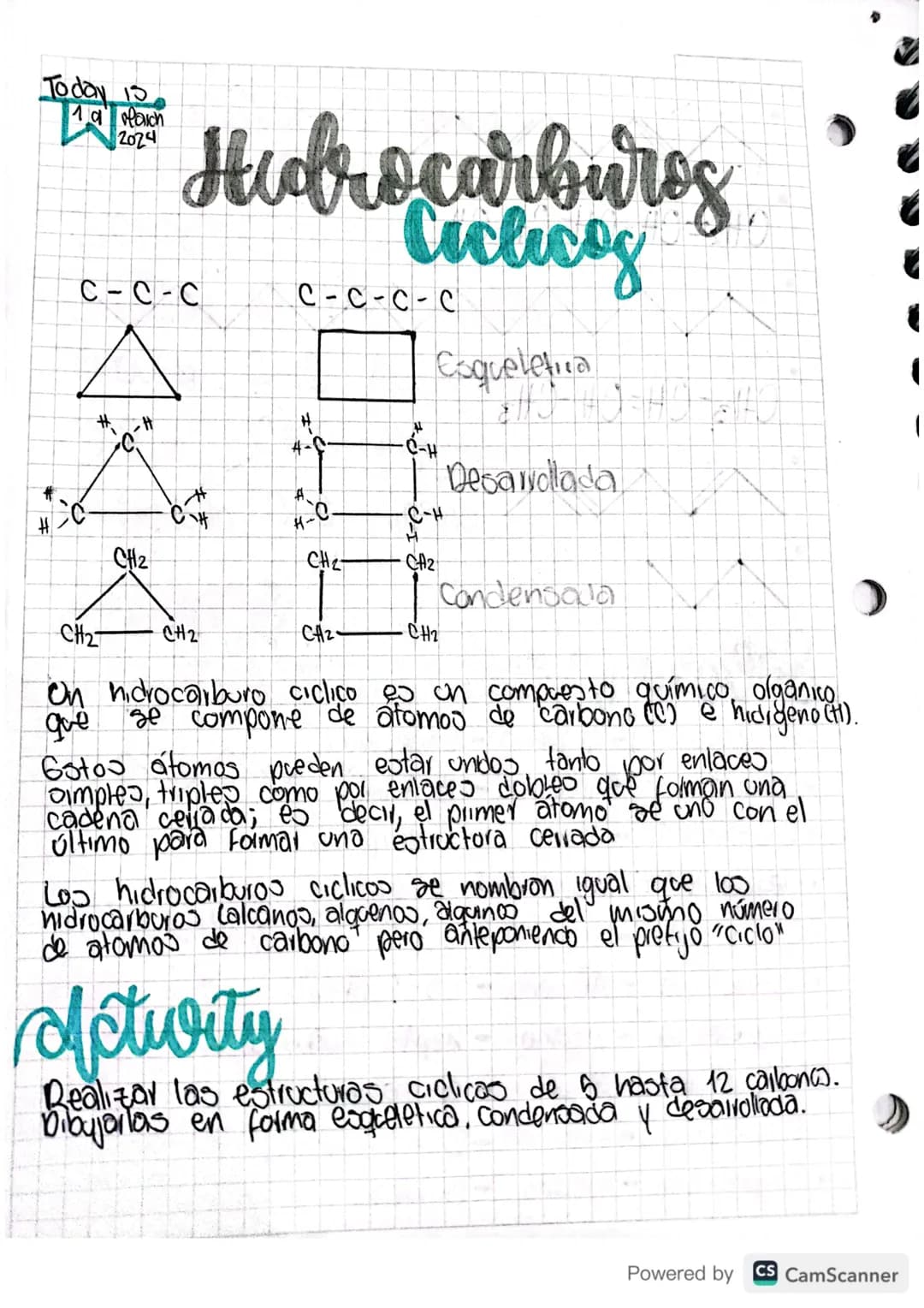 Today is
19 March
2024
# Hidrocarburos
## Ciclicos
C-C-C
C-C-C-C
Esqueletica
Desarrollada
Condensala
On hidrocarburo ciclico