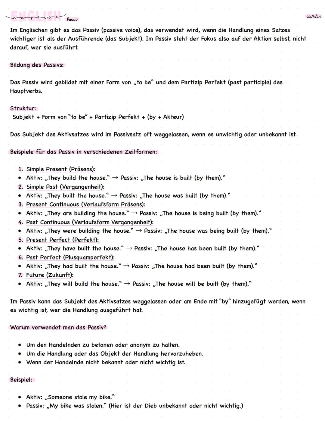 Passiv
Im Englischen gibt es das Passiv (passive voice), das verwendet wird, wenn die Handlung eines Satzes
wichtiger ist als der Ausführen