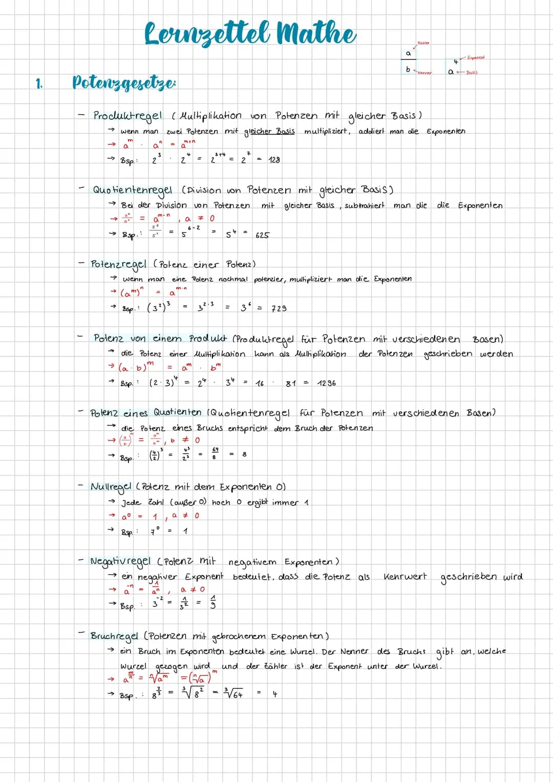 # Lernzettel Mathe
1. Potenzgesetze
b
- Produktregel (Multiplikation von Potenzen mit gleicher Basis)
→ wenn man zwei Potenzen mit
