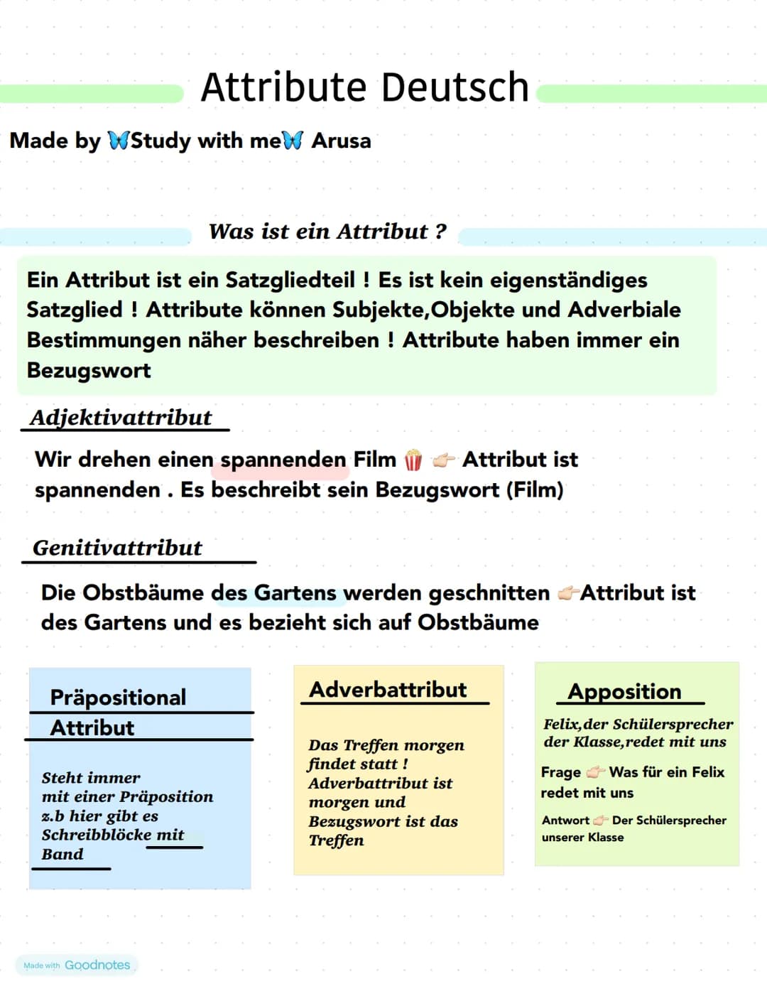 # Attribute Deutsch
Made by Study with mew Arusa
Was ist ein Attribut?
Ein Attribut ist ein Satzgliedteil! Es ist kein eigenständiges
Sat