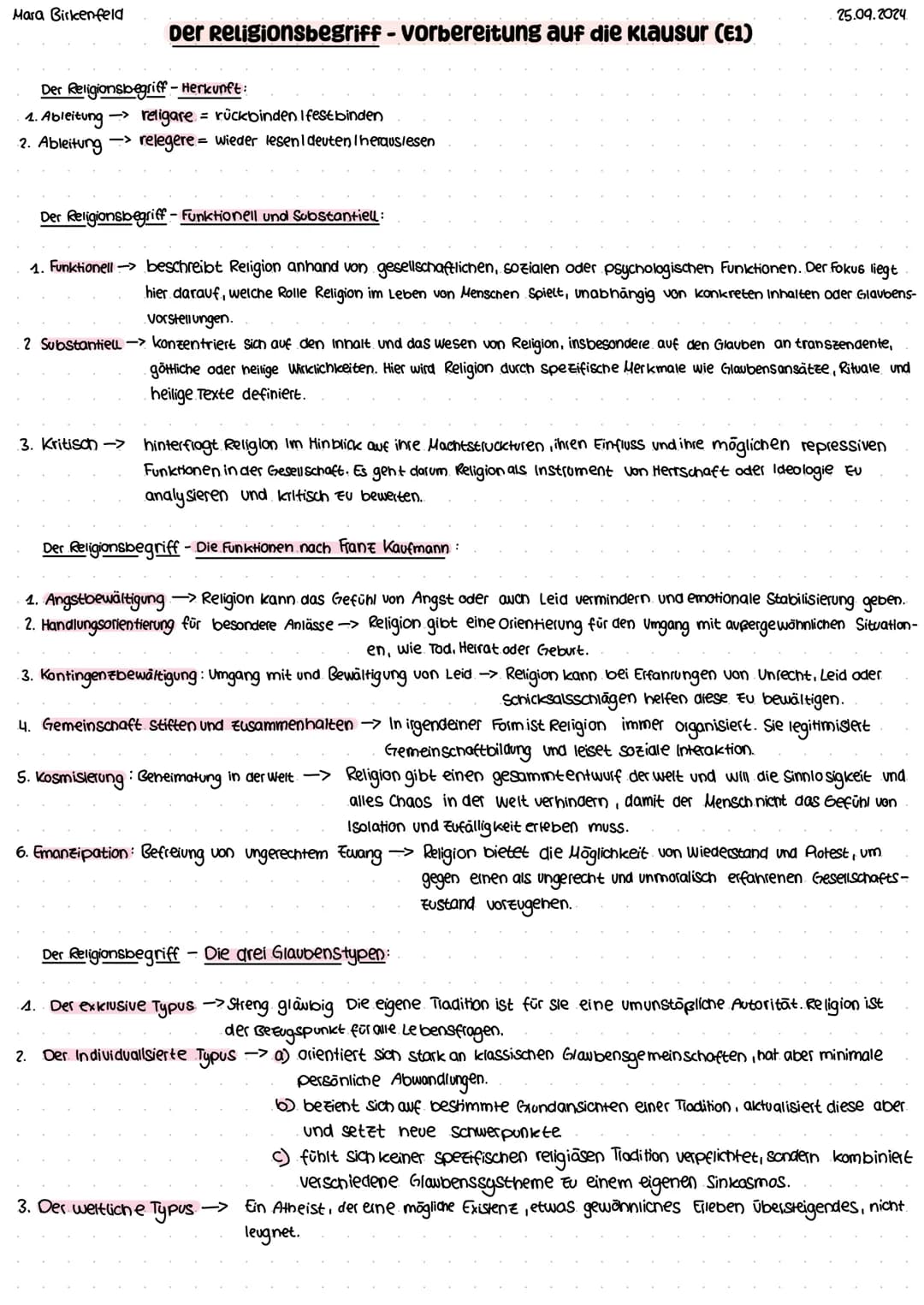 Mara Birkenfeld
25.09.2024
# Der religionsbegriff - vorbereitung auf die klausur (E1)
## Der Religionsbegriff - Herkunft:
1. Ableitung ->
