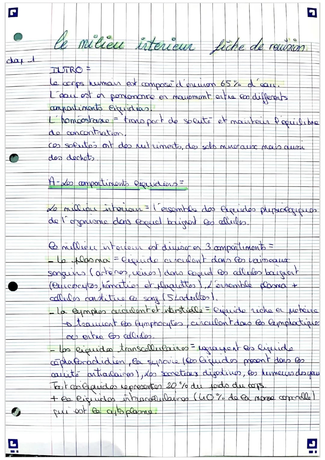 day t
Π
le milieu interieur fiche de reisin
INTRO =
le corps human est compose d'environ 65% d'can.
L'eau est on ponconance en movement ent