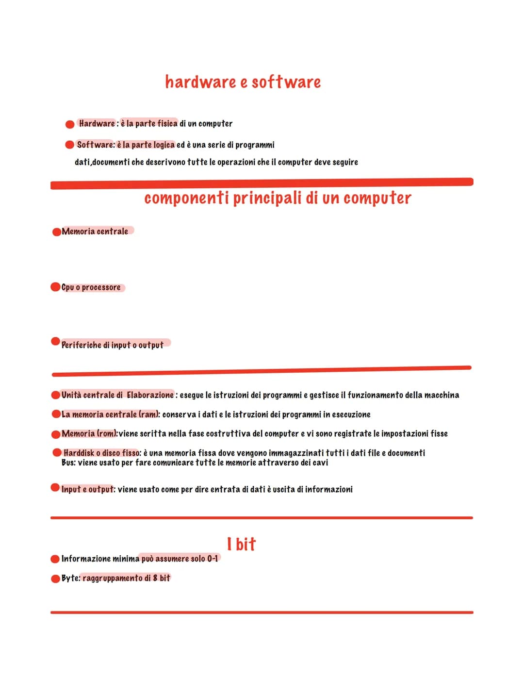 # hardware e software
- Hardware: è la parte fisica di un computer
- Software: è la parte logica ed è una serie di programmi
dati, document