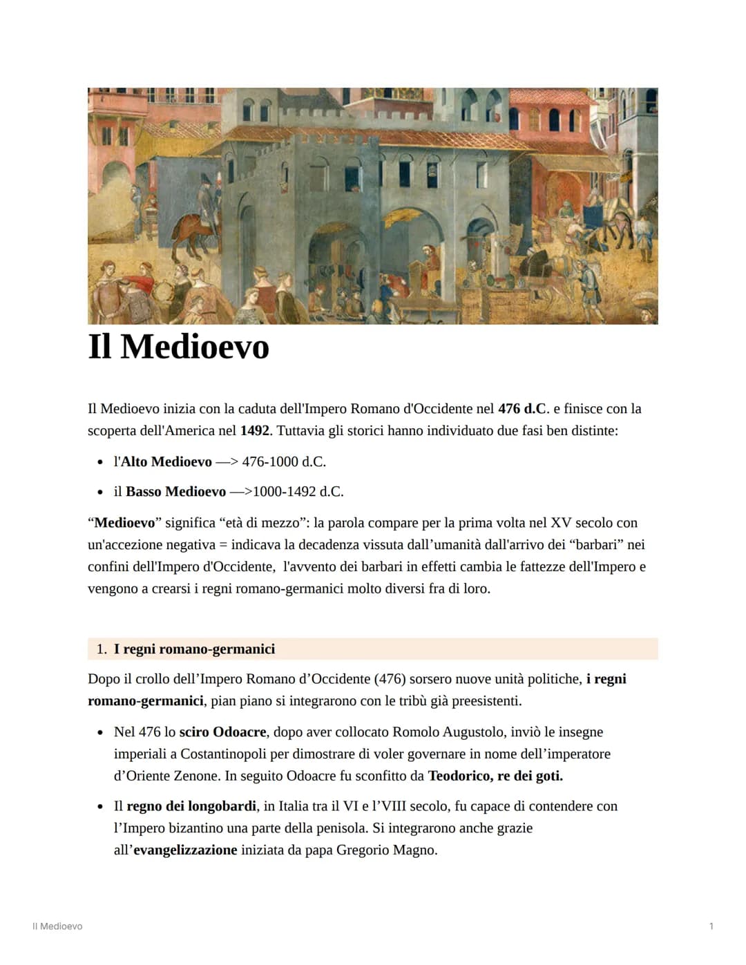 # II Medioevo
Il Medioevo
Il Medioevo inizia con la caduta dell'Impero Romano d'Occidente nel 476 d.C. e finisce con la
scoperta dell'Amer