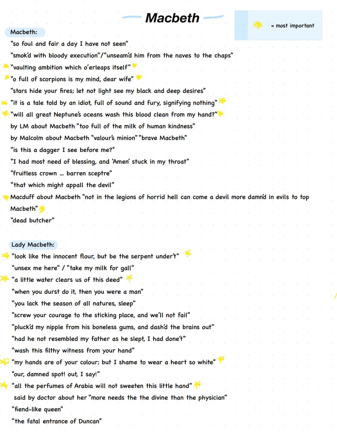 # Macbeth
= most important
Macbeth:
"so foul and fair a day I have not seen"
"smok'd with bloody execution"/"unseam'd him from the nave