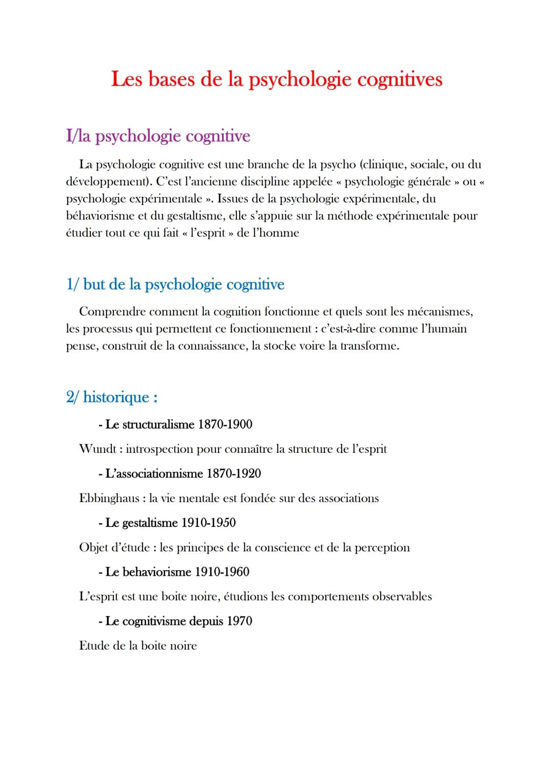 # Les bases de la psychologie cognitives
I/la psychologie cognitive
La psychologie cognitive est une branche de la psycho (clinique, socia