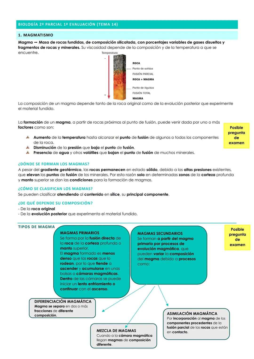 # BIOLOGÍA 2º PARCIAL 1ª EVALUACIÓN (TΕΜΑ 14)
## 1. MAGMATISMO
Magma – Masa de rocas fundidas, de composición silicatada, con porcentajes