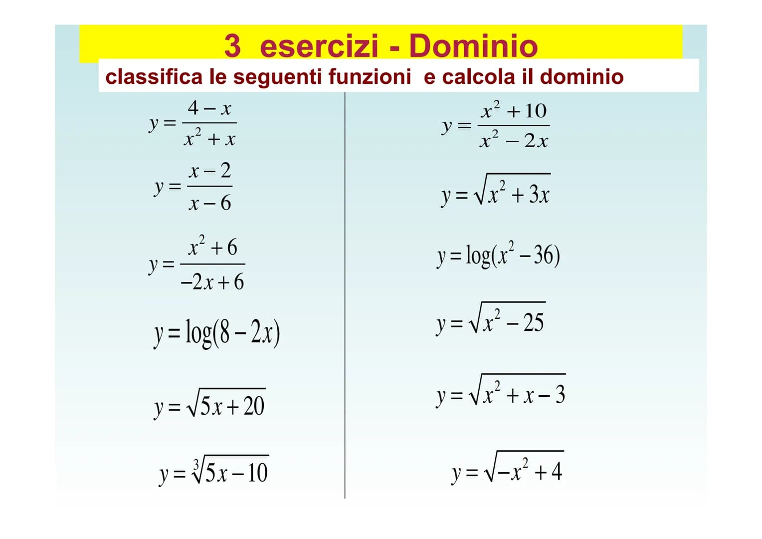 # DOMINIO di FUNZIONI
ESERCIZI CON
SOLUZIONI
REGOLE PER TROVARE IL
DOMINIO
Tutorial della Prof.ssa Barberis Paola - agg 2018 1 esercizi –