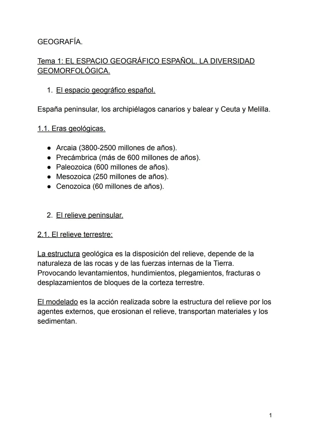GEOGRAFÍA.
Tema 1: EL ESPACIO GEOGRÁFICO ESPAÑOL. LA DIVERSIDAD
GEOMORFOLÓGICA.
1. El espacio geográfico español.
España peninsular, los