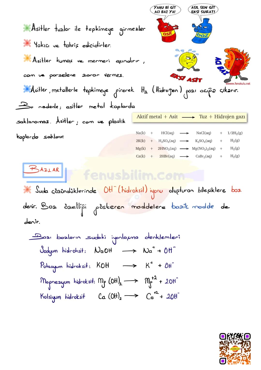 # ASİTLER VE BAZLAR
Suda çözündüklerinde H+ ya do Ott iyonu oluşturan maddelerdir.
ASITLER
* Suda çözündüklerinde H⁺ (hidrogen) iyonu olu