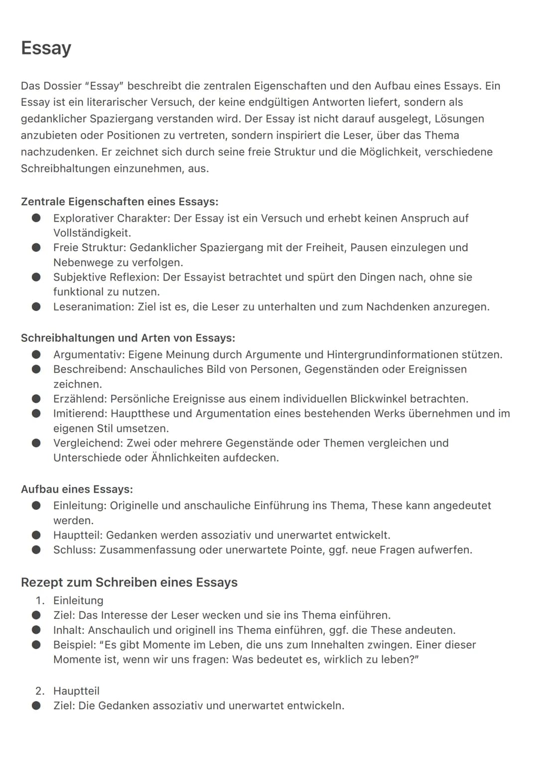# Essay
Das Dossier "Essay" beschreibt die zentralen Eigenschaften und den Aufbau eines Essays. Ein
Essay ist ein literarischer Versuch, de