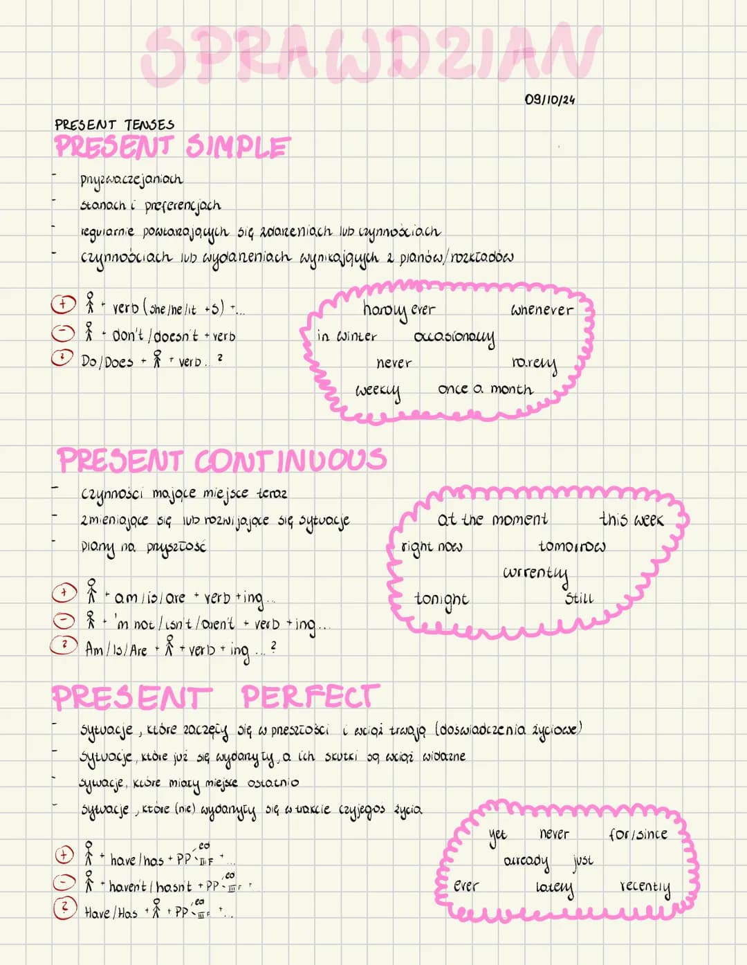 # SPRAWDZIAN
09/10/24
PRESENT TENSES
# PRESENT SIMPLE
Pryzwa.czejaniach
- Stanach i preferencjach
- regularnie powtarajquych się zdarz