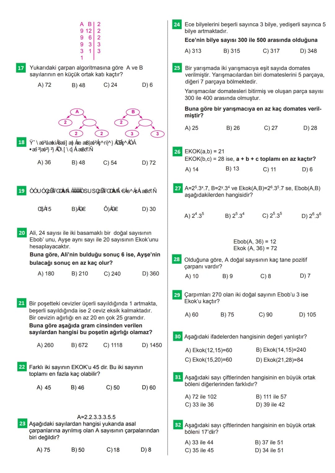 100 SORUDA
EN BÜYÜK ORTAK
BÖLEN
EN BÜYÜK ORTAK
KAT
CEVAP ANAHTARI
Bu testteki sorular internet üzerinde yayınlanan sorulardan derlenmiştir