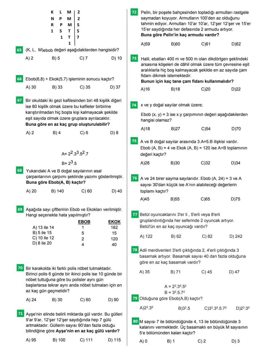 100 SORUDA
EN BÜYÜK ORTAK
BÖLEN
EN BÜYÜK ORTAK
KAT
CEVAP ANAHTARI
Bu testteki sorular internet üzerinde yayınlanan sorulardan derlenmiştir