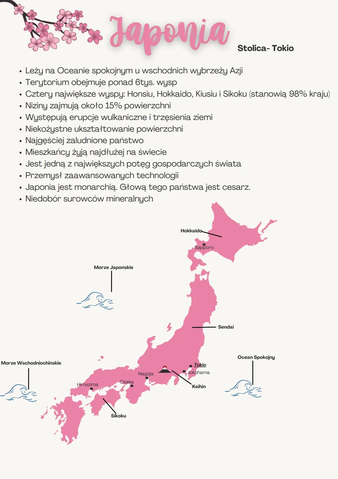 # Japonia
Stolica-Tokio
• Leży na Oceanie spokojnym u wschodnich wybrzeży Azji
• Terytorium obejmuje ponad 6tys. wysp
• Cztery największe