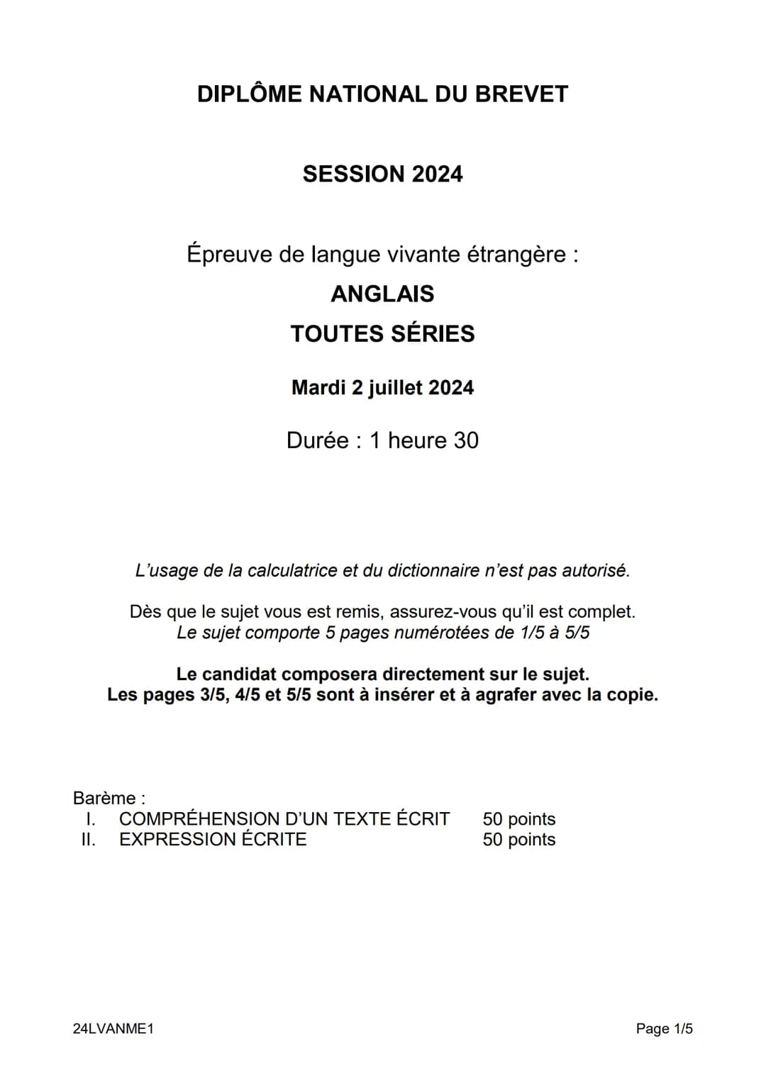 # DIPLÔME NATIONAL DU BREVET
SESSION 2024
Épreuve de langue vivante étrangère :
ANGLAIS
TOUTES SÉRIES
Mardi 2 juillet 2024
Durée: 1 he