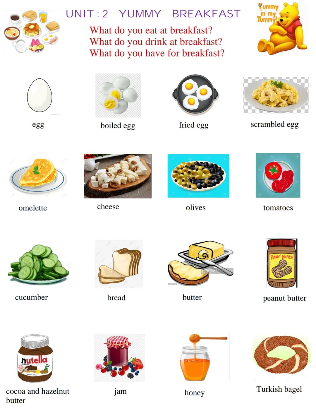 UNIT: 2 YUMMY BREAKFAST
What do you eat at breakfast?
What do you drink at breakfast?
What do you have for breakfast?
egg
boiled egg
fr