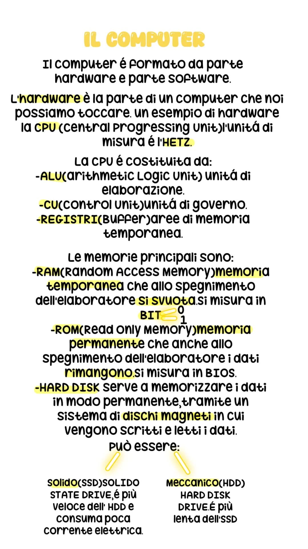 # IL COMPUTER
Il computer é formato da parte
hardware e parte software.
L'hardware è la parte di un computer che noi
possiamo toccare. un