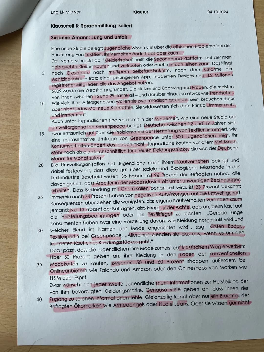 Eng LK Mil/Nor
Klausur
04.10.2024
Name:
Klausur Englisch
Aufgabenstellung:
Klausurteil A: Leseverstehen und Schreiben integriert
1. Expla
