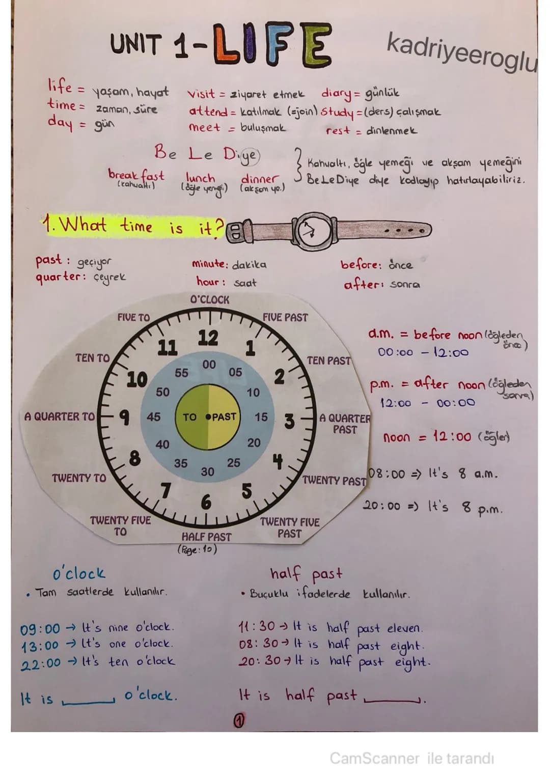 # UNIT 1-5 kadriyeeroglu
life = yaşam, hayat visit = ziyaret etmek diary = günlük
time = zaman, süre attend = katılmak (=join) Study = (der