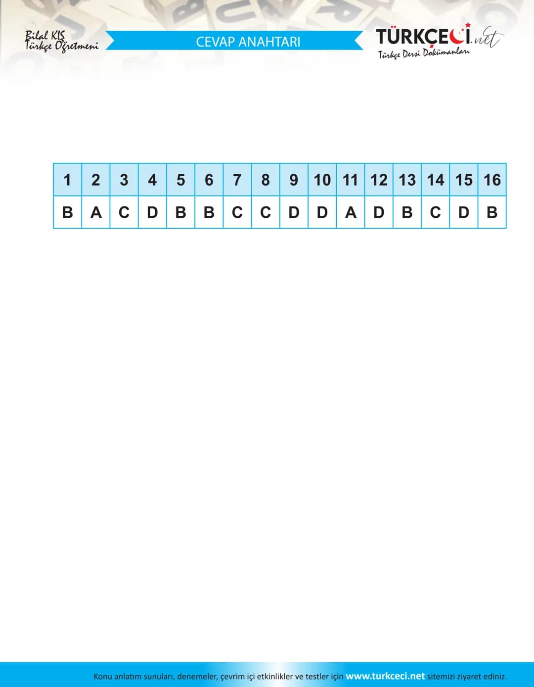 B
U
Bilal KIS
Türkçe Öğretmeni
8. Sınıf Kavrama Testleri
Fiilimsiler-2
1. Aşağıdakilerin hangisinde fiilimsi kullanılmıştır? 5. Aşağıdaki