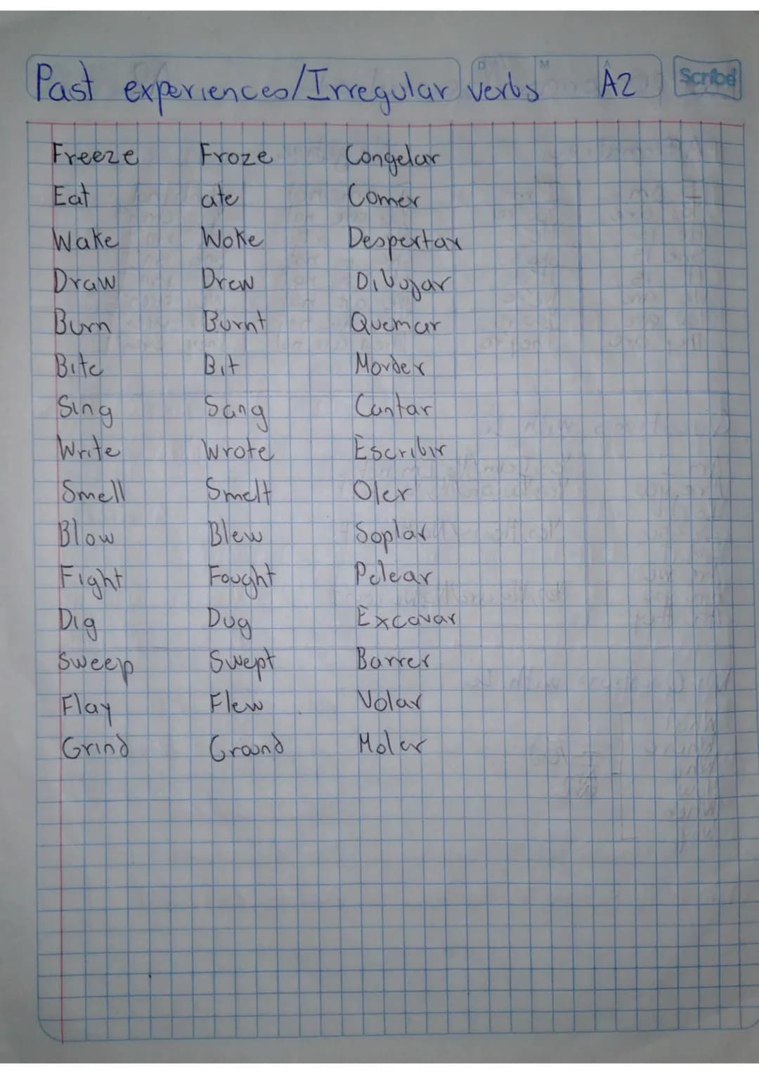 Scribe
Past experiences/Irregular verbs AZ Sorted
Freeze Froze Congelar
Eat ate Comer
Wake Woke Despertar
Draw Drew Dibujar
Burn Burnt Quema