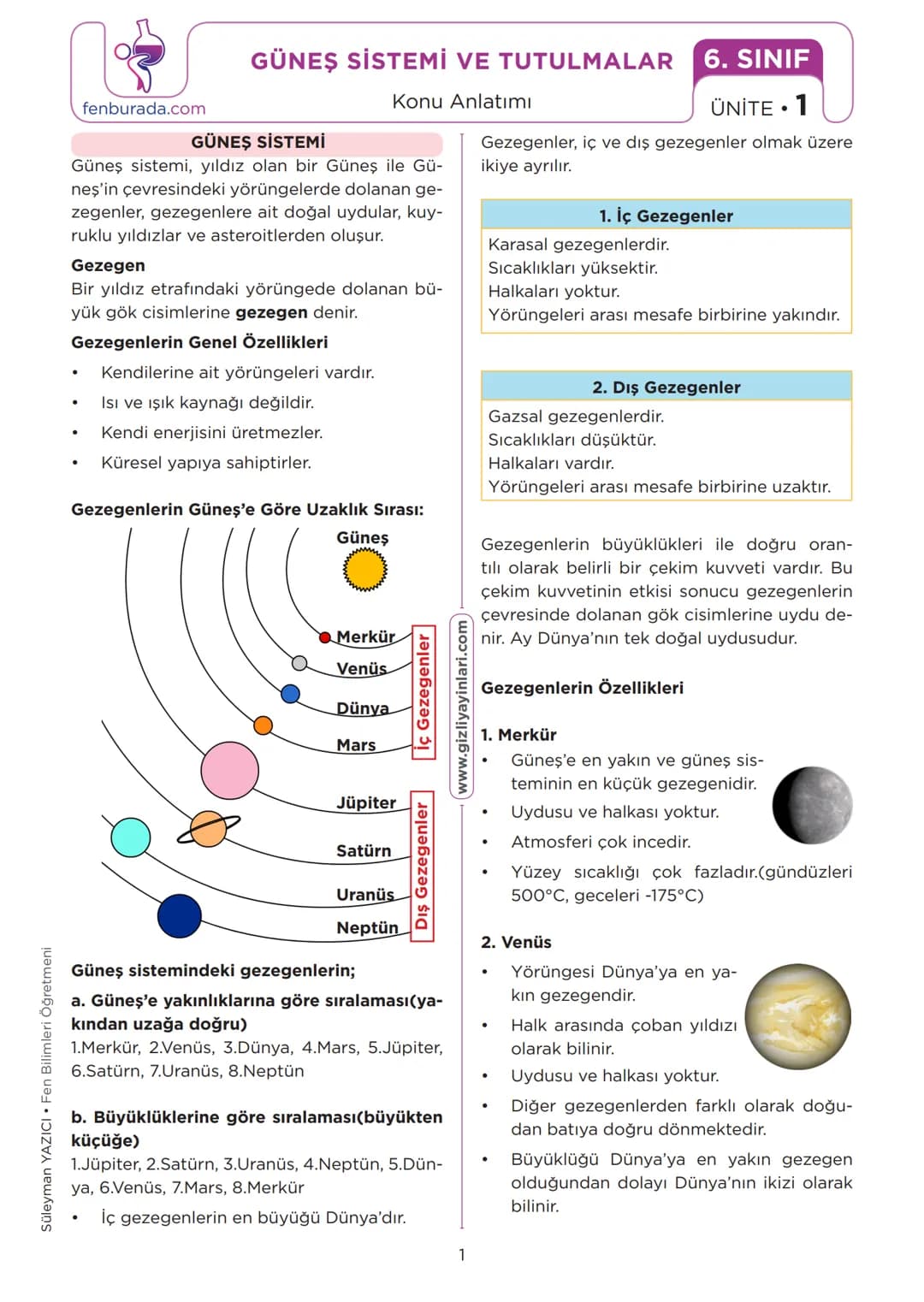 # GÜNEŞ SİSTEMİ VE TUTULMALAR 6. SINIF
fenburada.com
Konu Anlatımı
ÜNİTE 1
## GÜNEŞ SİSTEMİ
Güneş sistemi, yıldız olan bir Güneş ile Gü