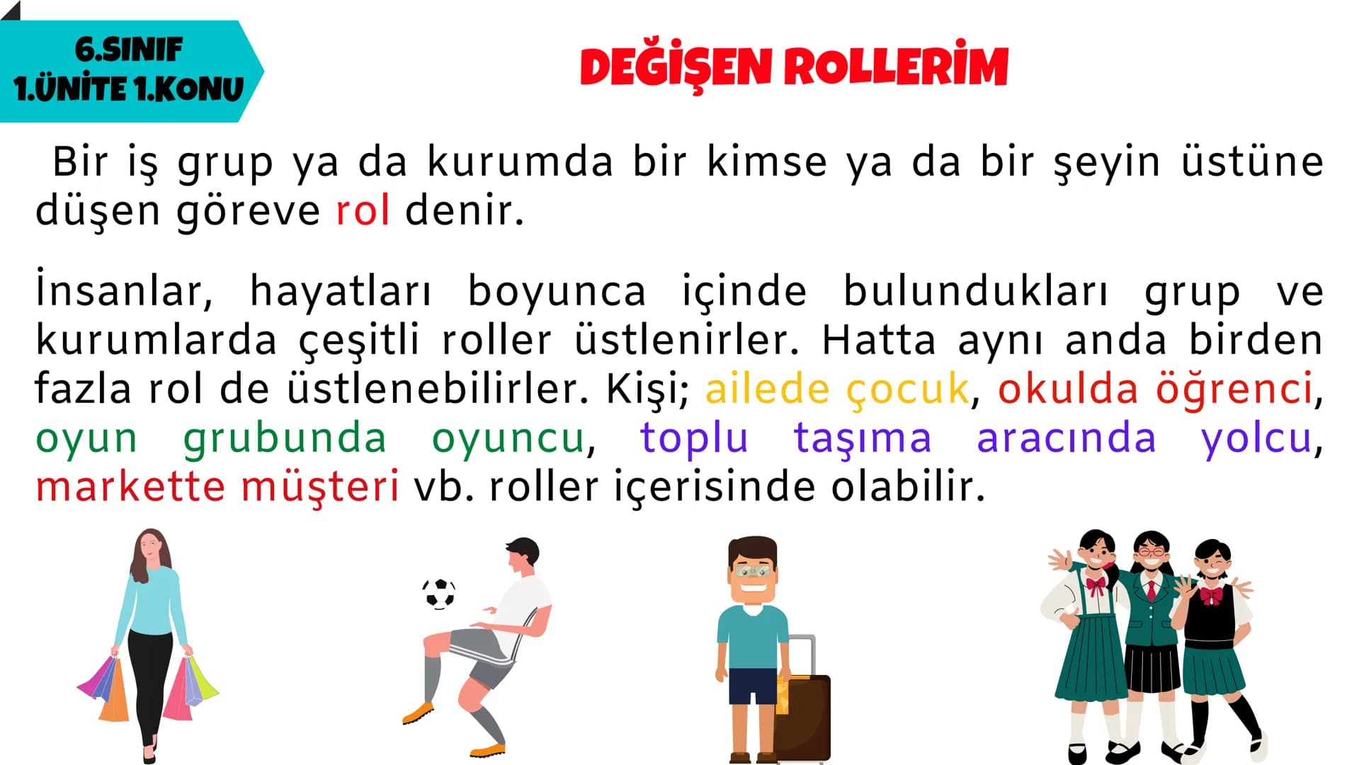 # SOSYAL BİLGİLER
# 1.ÜNİTE
# 6.SINIF
# BİREY VE TOPLUM # 6.SINIF
# 1.ÜNİTE 1.KONU
# DEĞİŞEN ROLLERİM
Bir iş grup ya da kurumda bir kim