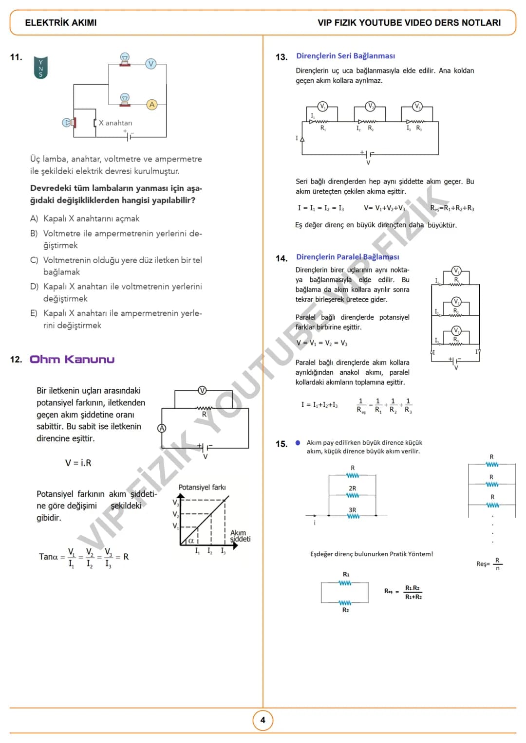 # ELEKTRİK AKIMI
VIP FIZIK YOUTUBE VIDEO DERS NOTLARI / İNSTAGRAM: @fizikogreten
1. Potansiyel Farkı ve Akım
• Birim yükün devreyi dolaşa