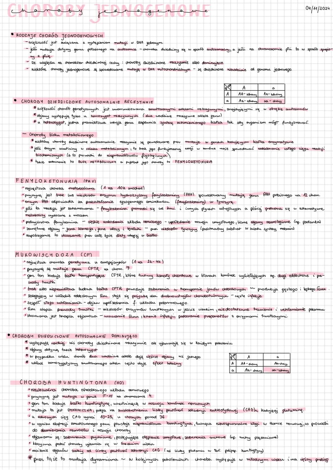 # спапаbу jeenagename
• RODZAJE CHORÓB JEDNOGENOWYCH
04/11/2024
-większość jest związana mystąpieniem mutacji DNA jadronym.
-jeśli mutac