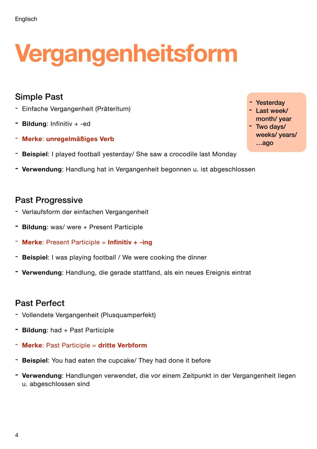 Englisch
Basics
# Zeitformen
**Gegenwart**
- Simple Present
- Present Progressive
- Present Perfect
- Present Perfect Progressive
**Ver