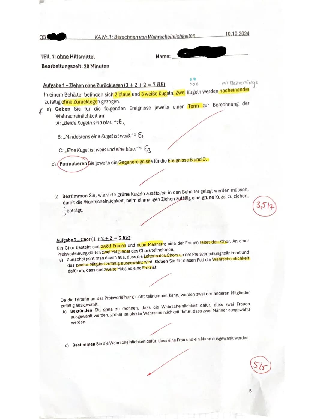 vanessa wolf
03
KA Nr. 1: Berechnen von Wahrscheinlichkeiten
10.10.2024
1.KURSARBEIT
Berechnen von Wahrscheinlichkeiten
Vor- und Nachname: