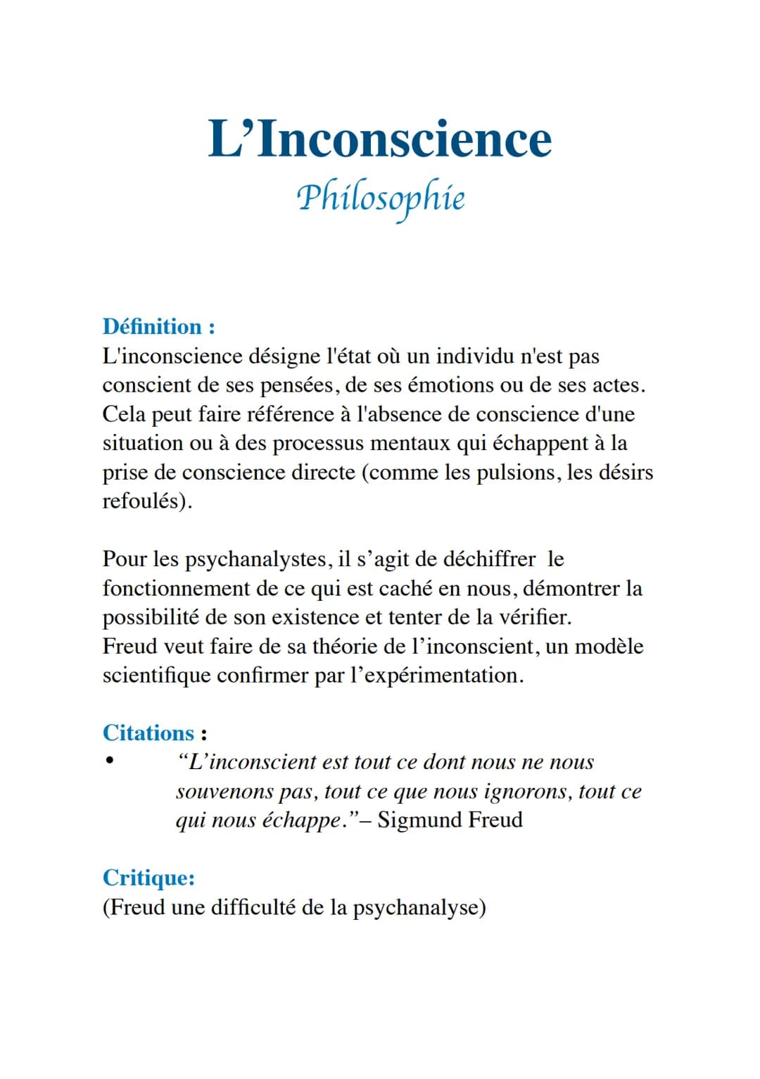 # L'Inconscience
## Philosophie
Définition:
L'inconscience désigne l'état où un individu n'est pas
conscient de ses pensées, de ses émotio