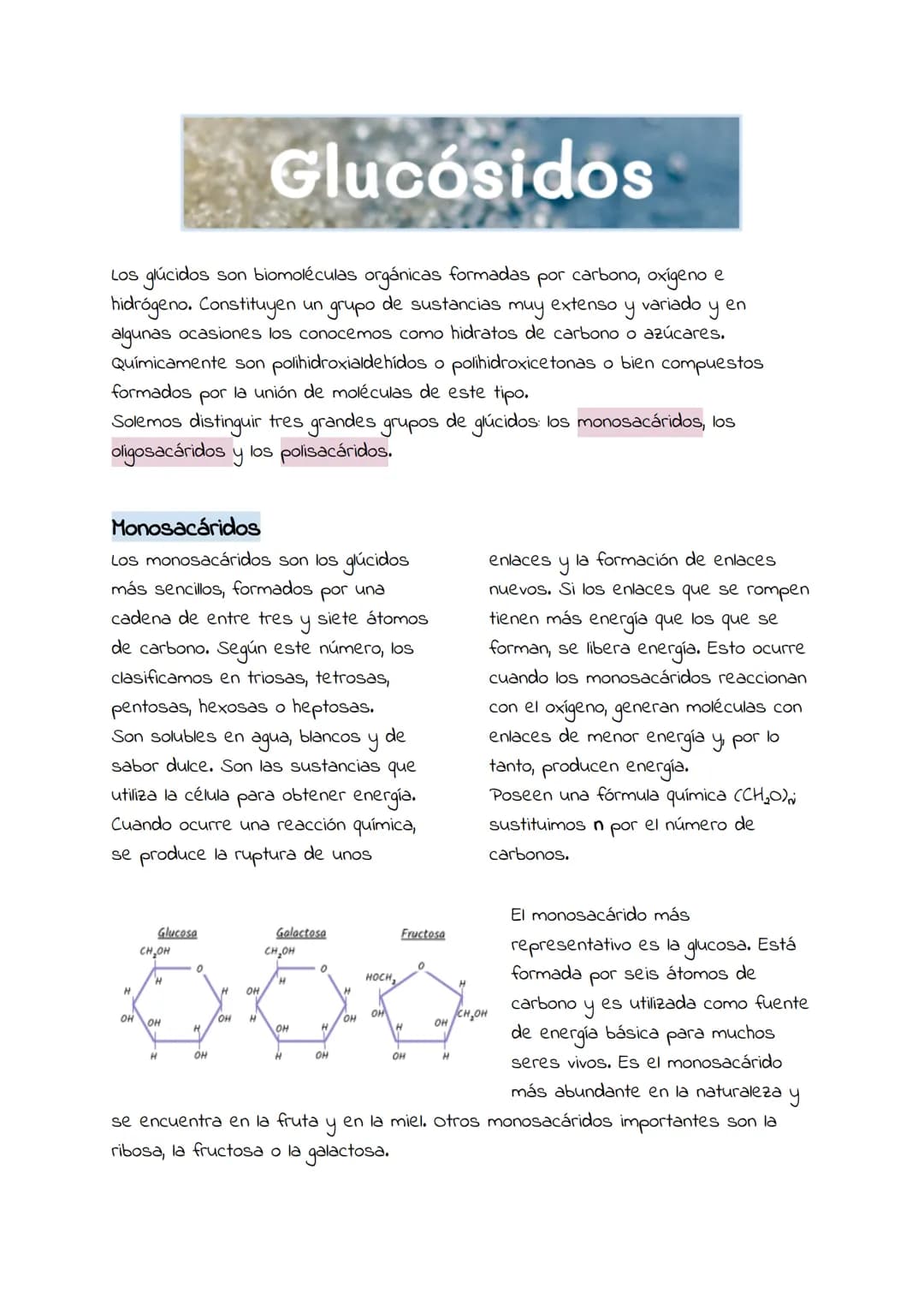 # Glucosidos
Los glúcidos son biomoléculas orgánicas formadas por carbono, oxígeno e
hidrógeno. Constituyen un grupo de sustancias muy exte