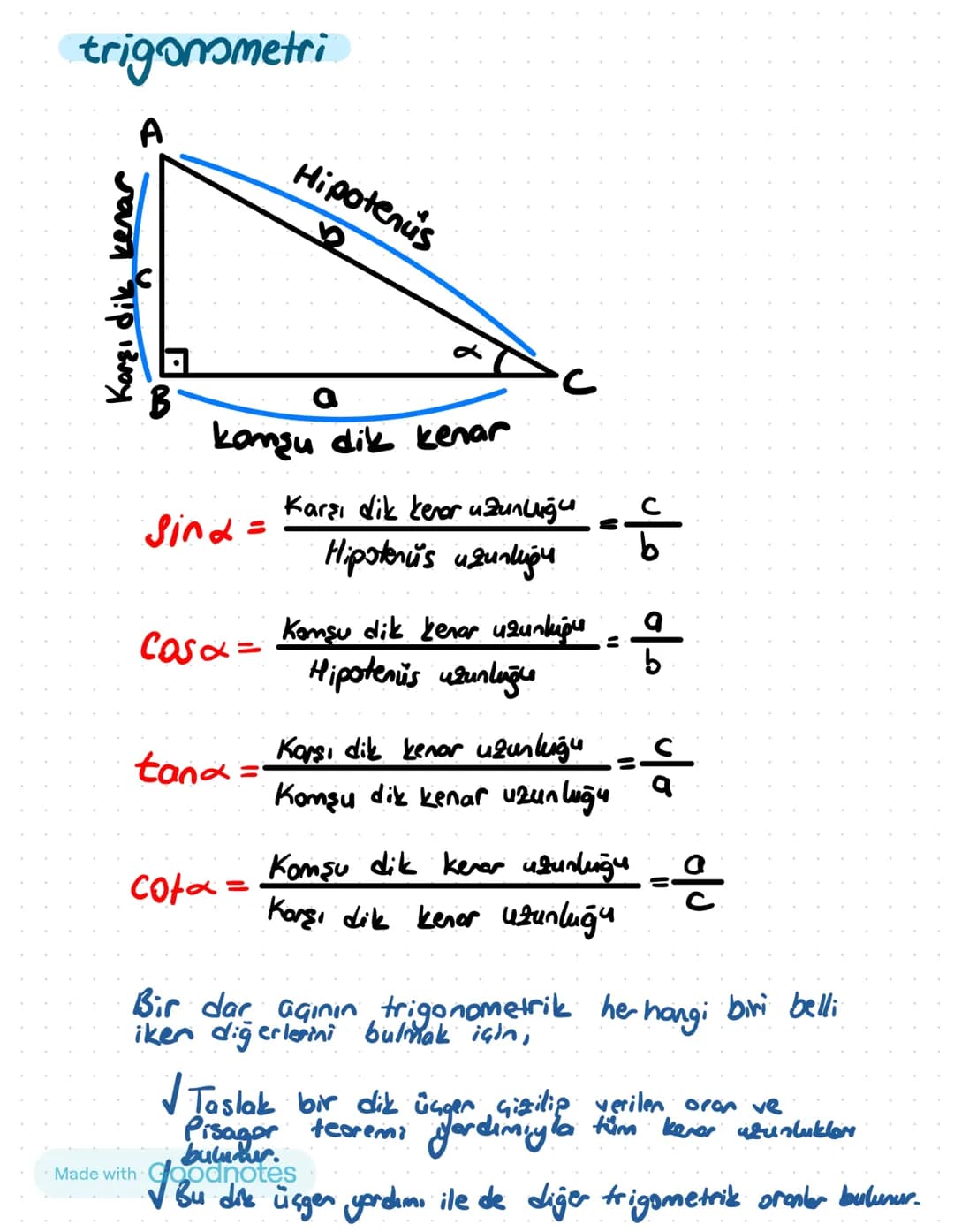 Made with Goodnotes # trigonometri
A
Hipotenüs
Karşı dik kenar
B
α
a
komşu dik kenar
C
$Sind = \frac{Karşı dik kenar uzunluğu}{Hipst