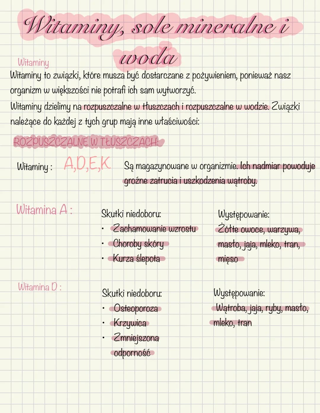 # Witaminy, sole mineralne i
Witaminy
woda
Witaminy to związki, które musza być dostarczane z pożywieniem, ponieważ nasz
organizm w większoś