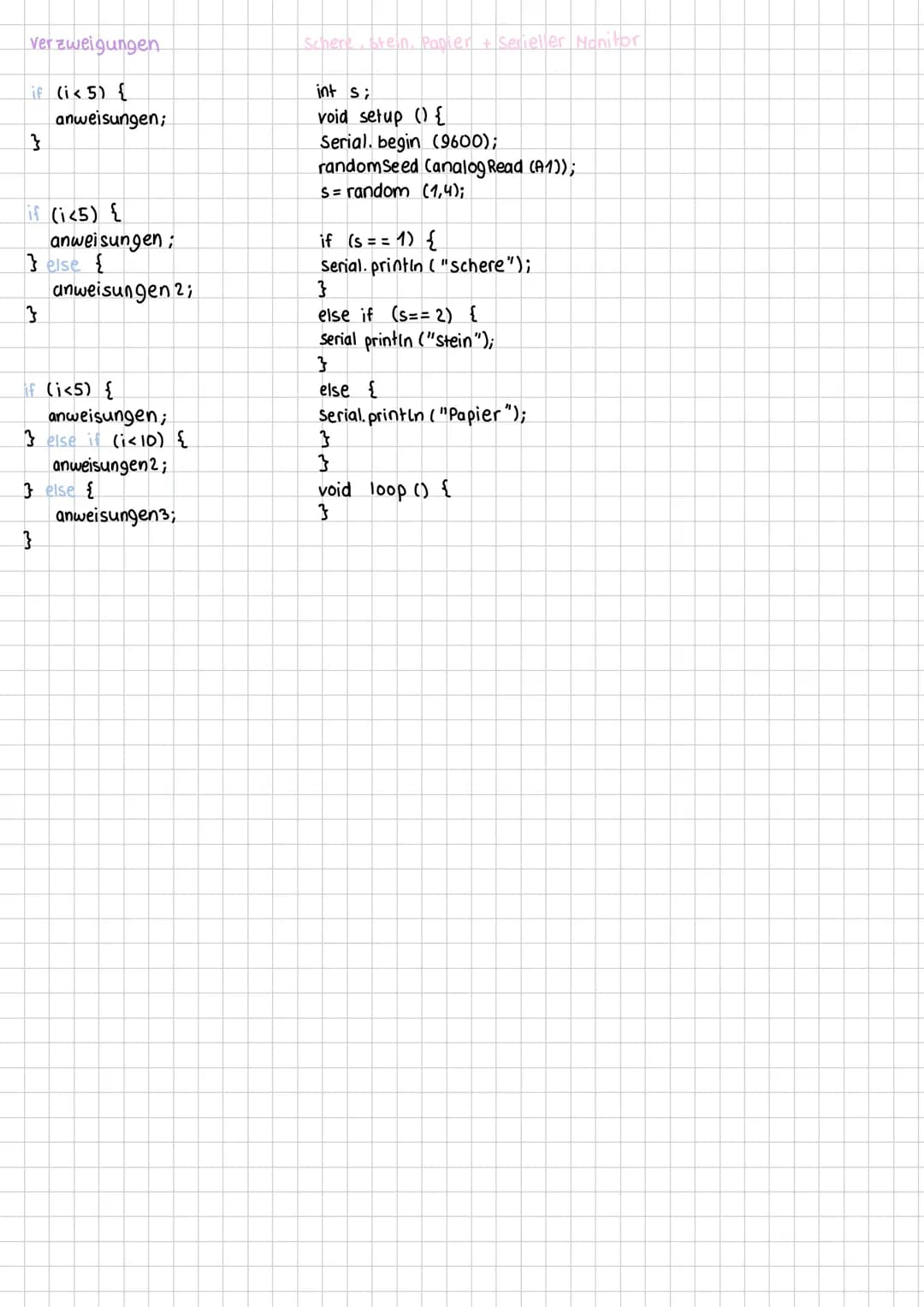 Grundlegender Aufbau eines Arduino - Sketches.
- void setup () {}
→ wird als erstes ausgeführt, Einstellungen können vorgenommen werden,
