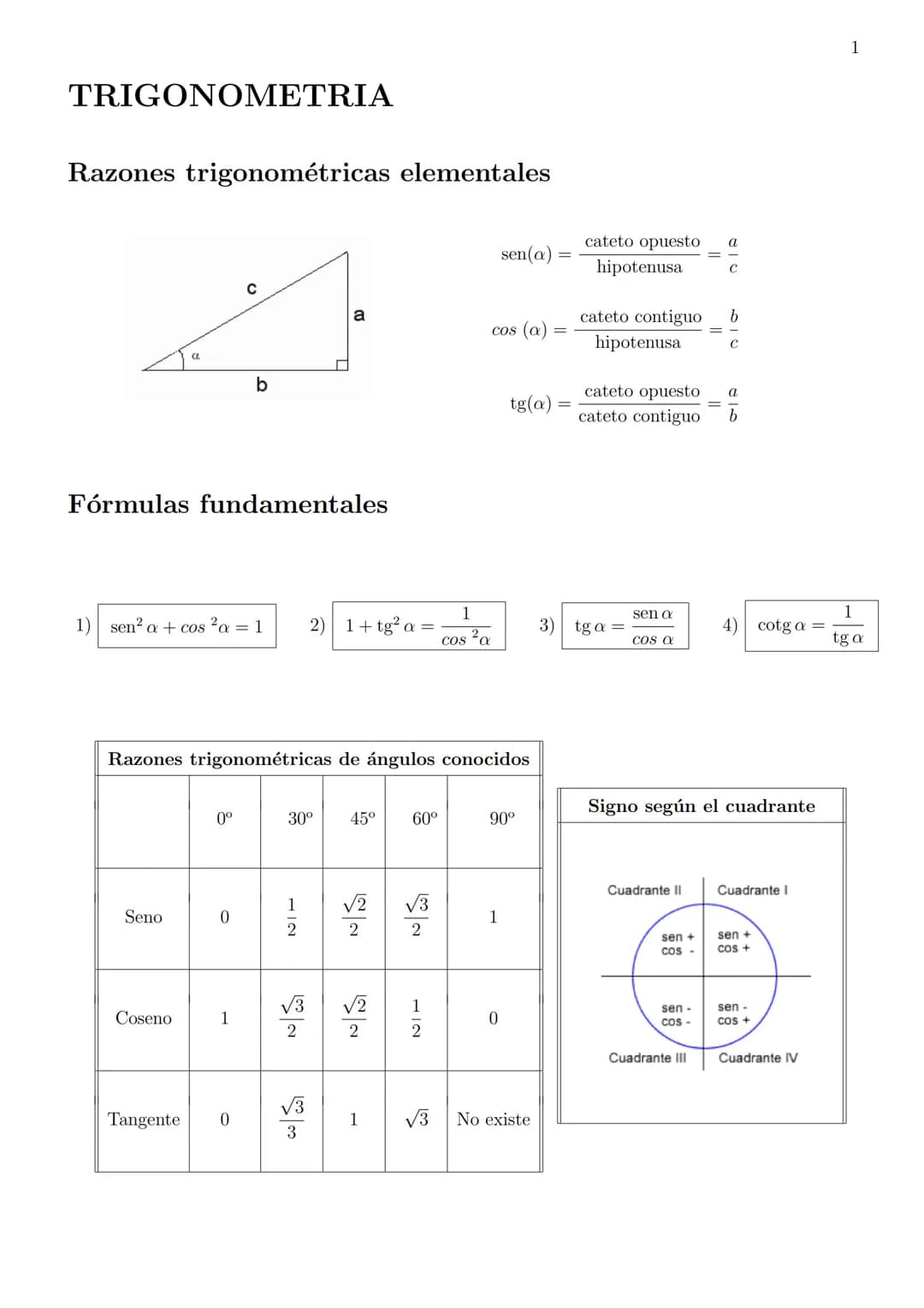 # TRIGONOMETRIA
Razones trigonométricas elementales
$sen(a) = \frac{cateto \ opuesto}{hipotenusa} = \frac{a}{c}$
$cos (a) = \frac{cate