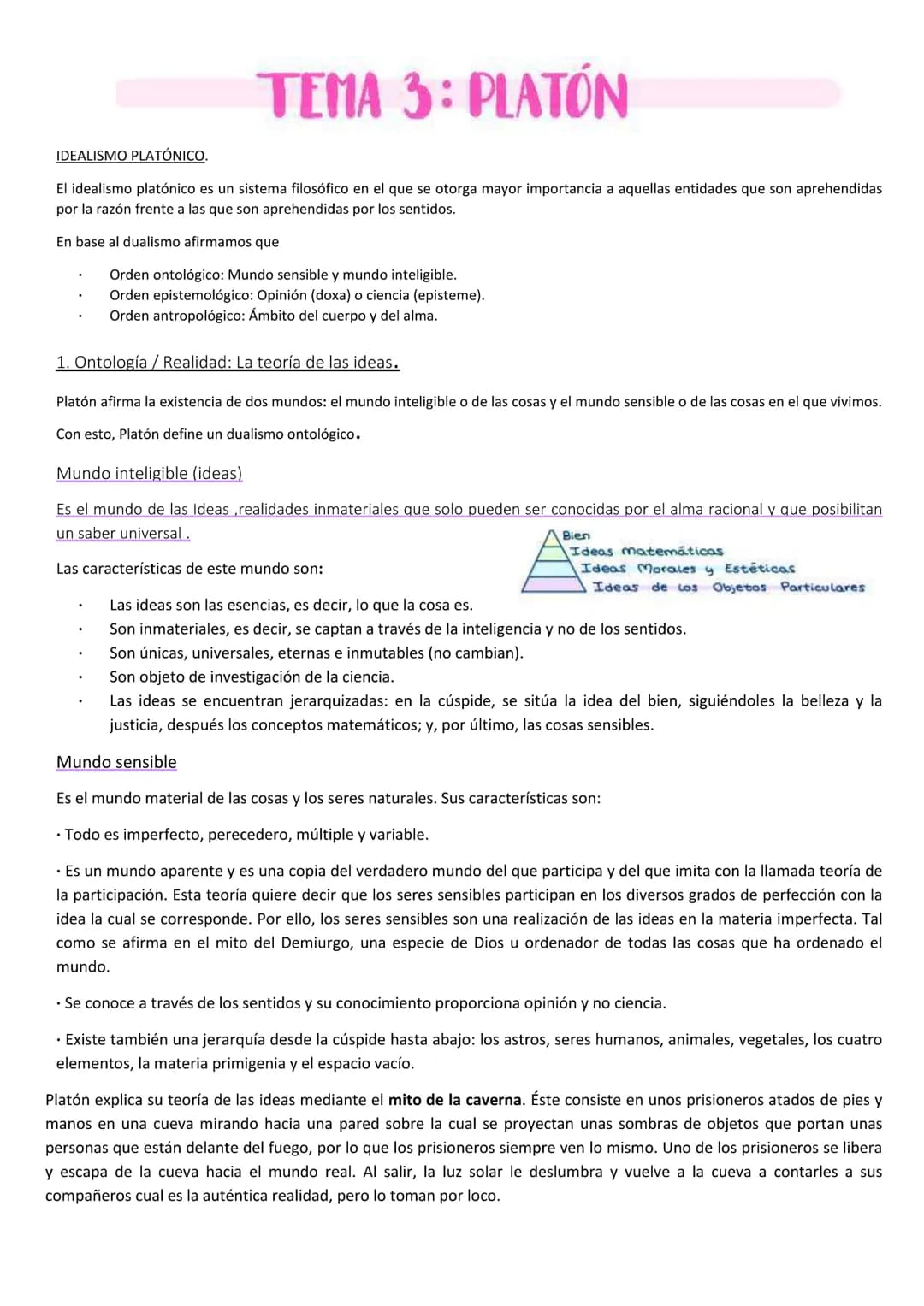 # TEMA 3: PLATÓN
IDEALISMO PLATÓNICO.
El idealismo platónico es un sistema filosófico en el que se otorga mayor importancia a aquellas ent