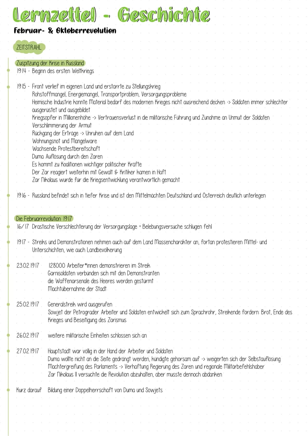 # Lernzettel - Geschichte
Februar- & Oktoberrevolution
ZEITSTRAHL
Zuspitzung der Krise in Russland
1914- Beginn des ersten Weltkriegs
191
