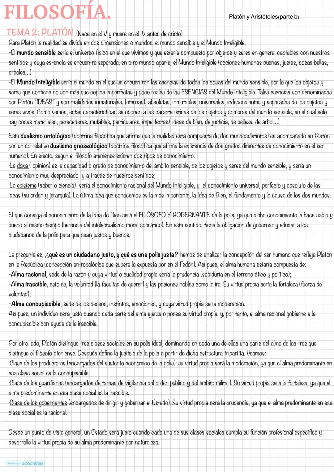 # FILOSOFIA.
# TEMA 2: PLATÓN (Nace en el V y muere en el IV antes de cristo)
Platón y Aristóteles(parte b)
Para Platón la realidad se di
