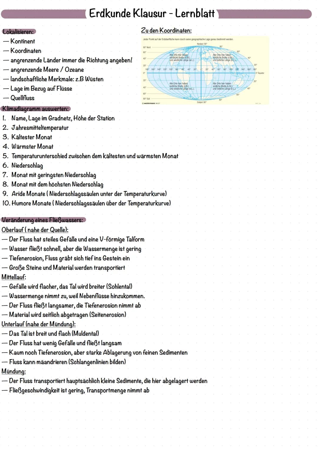 # Erdkunde Klausur - Lernblatt
Lokalisieren:
- Kontinent
- Koordinaten
- angrenzende Länder immer die Richtung angeben!
- angrenzende Meere