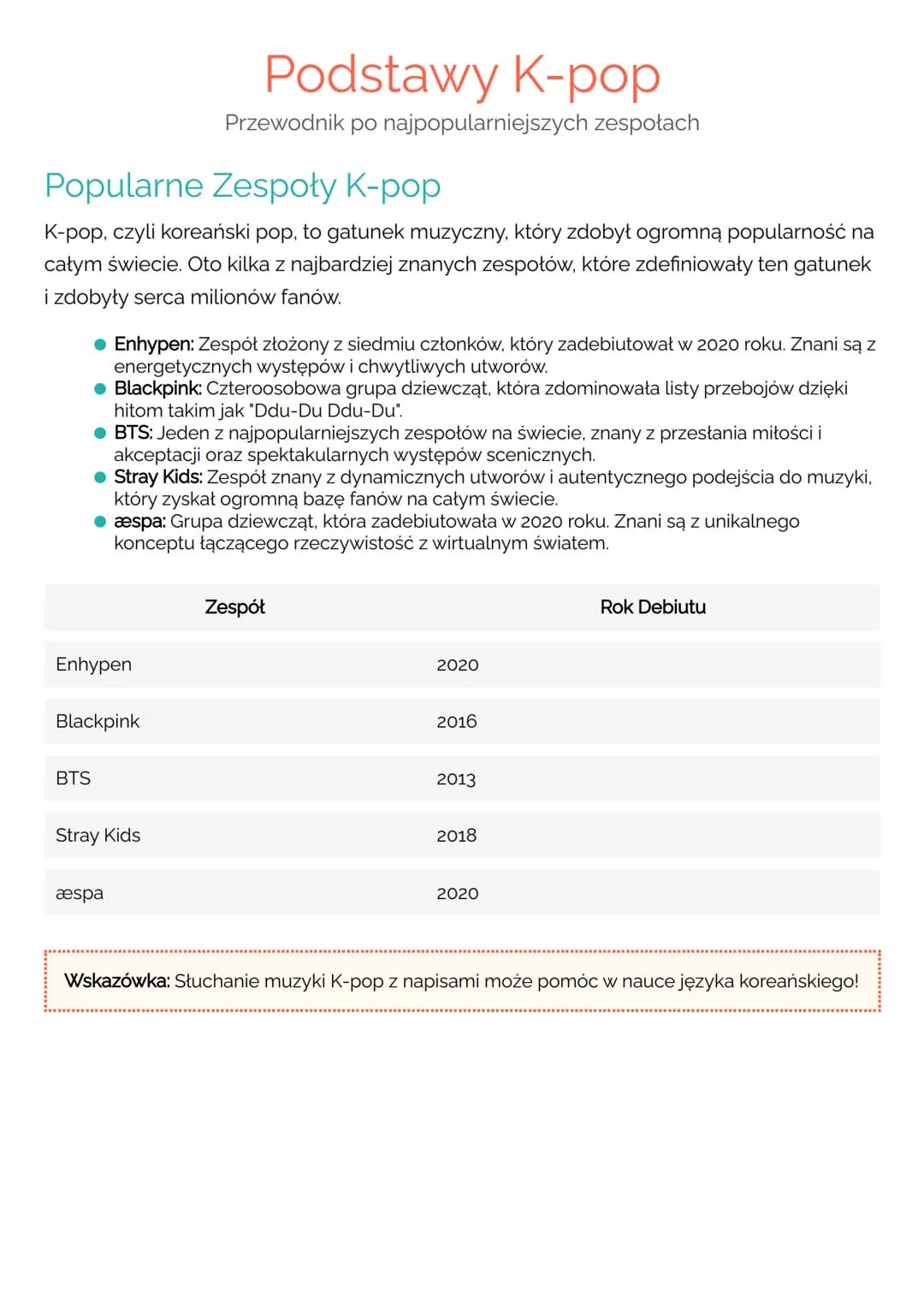 # Podstawy K-pop
Przewodnik po najpopularniejszych zespołach
## Popularne Zespoły K-pop
K-pop, czyli koreański pop, to gatunek muzyczny, k
